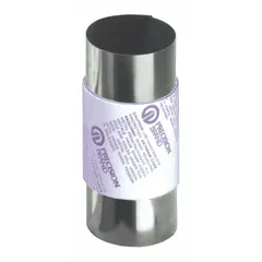 Shim stock roll made of 18-8 stainless steel with plain finish, silver color. Dimensions: 150 mm width, 1.25 m length, 0.65 mm thickness. Tolerances: width +/-2.500 mm, length +3.000/-0.250 in, thickness +/-0.054 mm. Used for precision alignment, spacing, and leveling in industrial machinery and equipment.