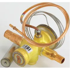 Thermostatic expansion valve for HVACR systems, regulating refrigerant flow into the evaporator based on superheat. Used in commercial refrigeration, chillers, and rooftop units for precise temperature control.