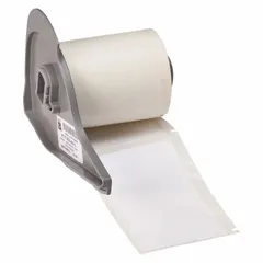 White polyester precut label roll measuring 3 in x 1 29/32 in. Halogen-free material. Compatible with BMP71 printer series. Used for industrial identification and labeling.