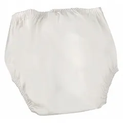 This pull-on incontinence pant is made of white plasticized nylon, providing a waterproof barrier for light bladder leakage. Designed for a maximum pant size of 16, it offers discreet protection suitable for daily use in healthcare or home settings.