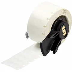 Vinyl, black-on-white precut label roll for 12 AWG to 10 AWG wire gauge. Wraps around wire for 360-degree readability. Compatible with BMP61 printer series; requires M7-R6200 ribbon. Commonly used in electrical panels and control cabinets for wire identification.