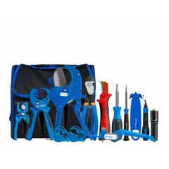 This 14-piece fiber optic cable cutter kit is designed for slitting and ratcheting duct access. It accommodates ducts up to 64 mm in diameter, providing the tools needed for repairing or replacing fiber optic cable in underground ducts.
