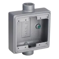 Gray iron weatherproof electrical box with rectangular shape, 2-gang configuration, and 3/4 in hub size. Provides 32 cu in capacity for housing electrical connections in outdoor or wet-location installations.