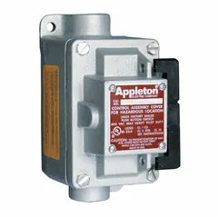 This one-gang tumbler switch features a rocker-arm mechanism for positive on/off control. It is a 2-pole, 30 A, 277 V AC feed-thru hub switch with a 1 in hub size. Suitable for industrial applications requiring reliable switching in demanding environments.