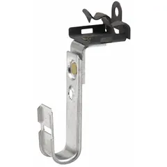 Galvanized steel beam mount J-hook for cable management. Supports bundles up to 3/4 in diameter. Features hammer-on mounting with locking latch for secure attachment and 360° horizontal rotation for flexible cable routing. Silver finish.