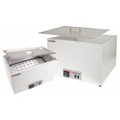 Stainless steel heated water bath with 53 L capacity, digital display, and programmable control. Maintains temperature from ambient to 82.2°C with accuracy of +/-0.1°C. Operates on 120V AC. Used for heating samples in laboratory and industrial settings such as materials testing and quality control.
