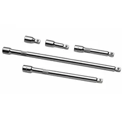 This wobble hand socket extension set features a 1/2 in input and output drive size, constructed from chrome. It allows angular flexibility for accessing fasteners in confined or offset positions. Suitable for extending the reach of a 1/2 in drive ratchet or torque wrench in automotive, industrial, and general mechanical applications.