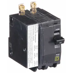 Bolt-on miniature circuit breaker rated 50 A, 120/240V AC, single phase, with a maximum interrupting rating of 10kA at 120/240V AC. Two-pole design for use in Square D NQOD panelboards. Provides overcurrent protection in commercial and industrial power distribution systems.