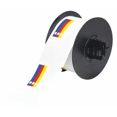 Vinyl precut label roll with a 2 1/4 in color bar and blank text area, measuring 2 1/4 in x 4 in. Features acrylic adhesive for indoor/outdoor use. Compatible with BBP31 printer series for on-demand custom labeling in industrial safety and identification applications.