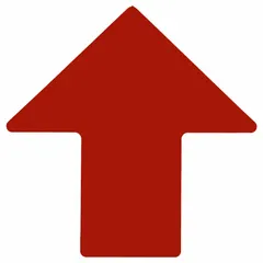 This arrow-shaped floor marking tape is solid red with a polyester backing and polyester overlaminate, measuring 4 in x 10 in and 0.008 in thick. It is used to indicate directional paths, hazards, or emergency routes on floors in industrial environments. The tape comes in a 25-pack.