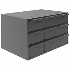 This modular small parts drawer cabinet from DURHAM MFG features nine steel drawers with inside dimensions of 5-15/32 in x 11-1/4 in x 3-3/16 in. The cabinet and drawers are gray with a powder-coated steel finish. It is supplied assembled and includes dividers for organizing small parts. The stackable design allows for vertical expansion in workshops or storage areas.