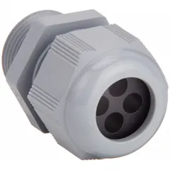 Straight multi-cable grip with gray nylon body, accommodating four cords with diameters from 0.23 in to 0.29 in. Features a 3/4 in male NPT connection for box mounting. Used in electrical wiring applications to organize and secure multiple cables through a single entry point.