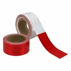 Red/white reflective strip with acrylic adhesive for marking trailers. Each strip measures 2 inches wide by 12 inches long, supplied in a 100-pack. Used to improve visibility and safety on trailers.