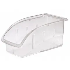Clear plastic storage bin with label holder, measuring 5 1/2 x 10 7/8 x 5 1/4 inches. Not electrostatic discharge conductive. Used for organizing small parts and components in workstations, warehouses, and assembly lines.