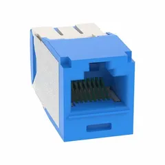 Single-port Category 6A RJ45 jack module for terminating copper cabling in structured cabling systems. Supports high-speed data applications up to 10GBASE-T. Color: Blue. Sold in a 24-pack.