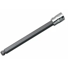 This ball-end hex bit socket features a 3/8 in drive and a 1/4 in SAE ball hex tip. The ball-end design allows driving hex fasteners at an angle in confined or offset positions. It includes a replaceable insert for extended service life. Suitable for automotive, machinery, and industrial applications where straight access is limited.