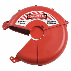 This red collapsible gate valve lockout accommodates hand wheels up to 13 inches in diameter. It is used to isolate gate valves during maintenance, supporting lockout/tagout procedures to prevent accidental operation.