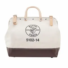 This canvas wide-mouth tool bag from KLEIN TOOLS is designed for carrying hand tools and small parts on job sites. It features one exterior pocket and one inside pocket for organizing tools such as pliers and screwdrivers. The bag measures 14 inches wide by 6 inches deep by 12 inches high and is made of brown canvas.