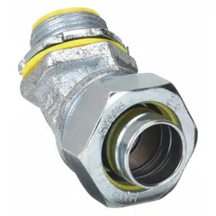 This 45° elbow conduit fitting is made of iron with a gray finish and is designed for use with flexible liquid-tight metallic conduit. It has a 3/4 in trade size and a 3/4 in MNPT box connection. The fitting is insulated and certified to CSA C22.2 No. 18. Suitable for indoor/outdoor use in Class I, Division 2; Class II, Division 1 and 2; and Class III, Division 1 and 2 hazardous locations.