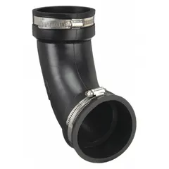 Flexible transition pipe fitting for 4-inch pipe, compatible with iron, PVC, and steel. Overall length of 14 37/64 inches. Suitable for above-ground use in plumbing and industrial systems where alignment flexibility is required.