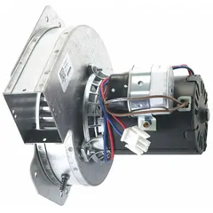 Induced draft blower for HVAC systems. Creates negative pressure to exhaust combustion gases from furnaces or boilers. Used as a replacement part in residential and light commercial heating applications.
