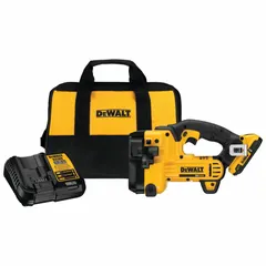 This cordless rod cutter is designed for cutting 3/8-inch stainless steel threaded rod. It operates on the DEWALT 20V MAX battery platform and includes two 2 Ah batteries. Suitable for construction, electrical, and mechanical contracting applications requiring portable rod cutting.