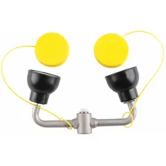 Spray head yoke assembly with dust covers for use as a replacement eye/face wash component. Compatible with Universal series eyewash equipment. For use with PVC units only.