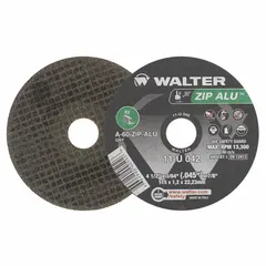 This Type 1 cut-off wheel is designed for general purpose cutting of soft metals such as aluminum. It features an aluminum oxide abrasive and measures 4 1/2" diameter by 3/64" thickness with a 7/8" arbor hole. Part of the ZIP ALU series, it is suitable for use on non-ferrous materials.