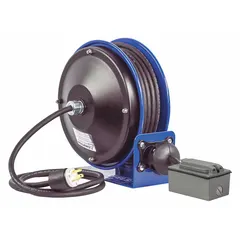 Self-retracting cord reel with ratchet lock for secure cord storage and deployment. Features 30 ft of 12 AWG SJO cable with NEMA 5-20P feeder and 5-20R retractable ends, rated for 20-amp, 125-volt applications. Blue housing. Suitable for managing power cords in workshops, factories, and other industrial environments.