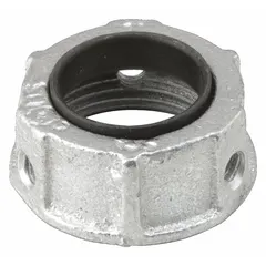 Zinc-plated iron insulating bushing with 3/4 in trade size and 9/16 in overall length. Provides a smooth, insulated transition at conduit terminations to protect wire insulation from sharp edges, reducing abrasion and preventing short circuits in junction boxes and panels.