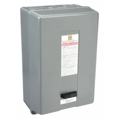 Enclosed non-reversing magnetic motor starter with thermal overload protection. Rated 50 A, 2 poles, with a 208-240V AC coil. Requires one thermal unit (not included). Suitable for starting and protecting single-speed motors in HVAC, pumping, and light industrial applications.