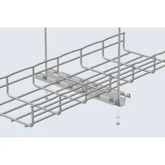 This steel support bracket with galvanized finish is designed for use with wire mesh trays. It provides structural support in cable management systems for routing and securing electrical cables in commercial and industrial installations.