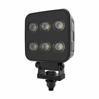 Square LED floodlight with white housing and bracket for permanent vehicle mounting. Provides broad-area illumination for work zones, loading docks, and service vehicles. Includes a 2-conductor cable with connectors for electrical connection