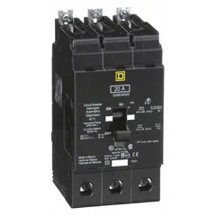 Three-pole bolt-on miniature circuit breaker rated 20 A and 480Y/277 V AC. Provides overcurrent protection in electrical distribution systems, panelboards, and load centers. Part of the EDB & EGB Series.