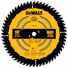 This 10-inch diameter finishing blade has 60 teeth, a 0.1-inch cut width, and a 5/8-inch arbor. It is used for making precise, smooth cuts in wood materials such as trim, cabinetry, and fine woodworking.