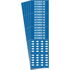 Blue adhesive pipe markers with white legend reading 'Instrument Air'. Each pack contains 5 markers, 3 of which include directional arrows. Designed for pipes with an outside diameter of 3/4 inch and smaller. Used to identify compressed air lines for instrumentation and control systems in industrial facilities.