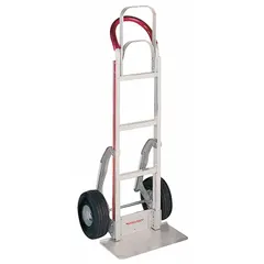 This corrosion-resistant hand truck features a silver aluminum frame with a flow-back design and pneumatic tires for shock absorption. The 48-inch handle height supports ergonomic operation. Suitable for moving loads in industrial, warehouse, and commercial environments where corrosion resistance is required.