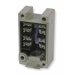 Metallic receptacle box for limit switches with EN50041 body, two mounting holes, DPDT contact configuration, and screw terminals. Includes a 1/2"-14 NPT conduit entry. Used in industrial automation to house limit switches in control circuits requiring secure wiring and conduit connections.