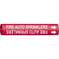 Red pipe marker with white legend reading 'Fire Auto Sprinklers' and directional arrows. Fits pipe outer diameters from 2-1/2 to 3-7/8 inches. Supplied as a single snap-on marker for identifying fire sprinkler lines in piping systems.
