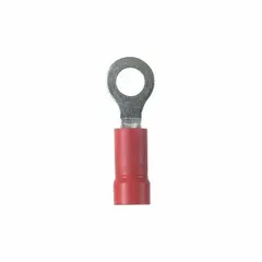 Vinyl-insulated ring terminal with #6 stud size, rated 600 V. Funnel entry aids wire insertion. Used for terminating wires to studs in control panels and power distribution.