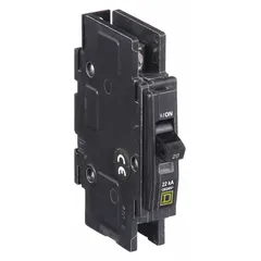 Single-phase, unit-mount miniature circuit breaker rated 20 A at 120/240V AC. Provides overcurrent protection with a maximum interrupting rating of 22kA at 120/240V AC. Suitable for use in air conditioning and refrigeration equipment. Part of the QOU Series.