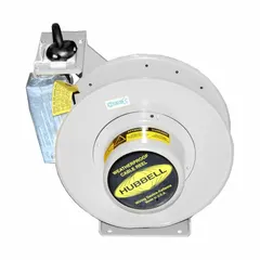 Hardwired self-retracting cord reel with ratchet lock mechanism. Includes 50 ft of 10 AWG SOW cord in white, terminated with bare wire for hardwiring. Rated 600V AC. Suitable for industrial environments requiring a retractable power source.