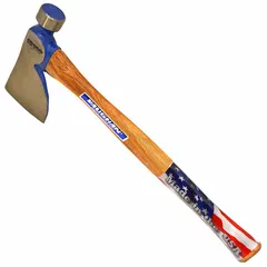 Hammer hatchet with 28 oz head weight and 17-1/2 in overall length. Features a 3-1/2 in cutting edge on a steel blade with powder-coated finish, and a wood handle. Meets ASME standards. Suitable for framing, roofing, and general construction tasks.