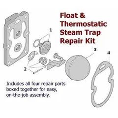 This float and thermostatic repair kit is designed for servicing steam traps from manufacturers including Erwel, Nicholson, Spence, Spirax-Sarco, Trunstall, Watson McDaniel, and Watts. Compatible with model WFT-030, it replaces internal components to restore trap performance in steam systems.