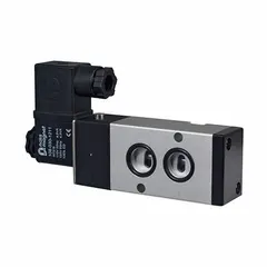 Single-solenoid, NAMUR-mount valve with DIN solenoid connector. Operates on 220V AC. Features 4 ports with 1/4 in NPT inlet and 1/4 in NPT outlet. Used for on/off control of pneumatic actuators in industrial automation and process control systems.
