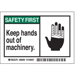 Polyester adhesive sign, 3 1/2 in x 5 in nominal size, 0.01 in thick. Sold in packs of 5. Used to warn personnel to keep hands away from moving machinery parts in industrial environments.
