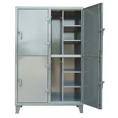 This solid industrial combination wardrobe locker from STRONG HOLD is configured as 2 tiers and 2 units wide, providing 4 lockers in a gray finish. Suitable for secure storage of clothing and personal items in factories, warehouses, and commercial facilities.