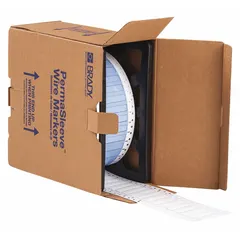 Polyolefin sleeve labels, white matte finish, 1/4 in x 2 in, for 8 AWG to 16 AWG wire gauge. Compatible with BBP72 printer series. Used for on-demand wire identification in industrial facilities.