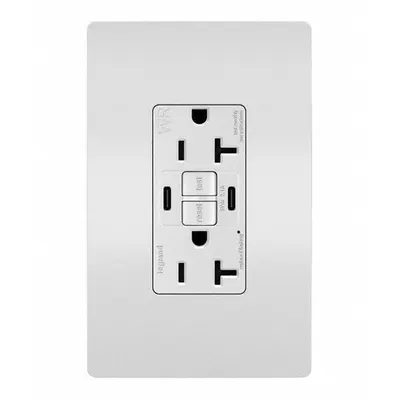 LEGRAND Receptacle: Duplex, 5-15R, 2 USB Ports, USB Type C, White, 125V AC, 15 A - Weather-Resistant Receptacles with USB Chargers