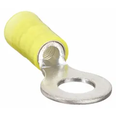 Nylon-insulated ring terminal for terminating 12 AWG to 10 AWG wires onto a 1/4 in stud. Yellow insulation provides electrical protection and strain relief. Suitable for use in control panels, electrical distribution, and machinery wiring requiring secure connections.